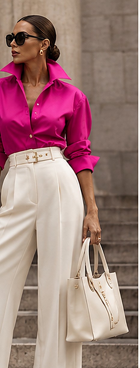 Concept image: a woman in a fuchsia shirt with the collar up and cream trousers, on stone steps