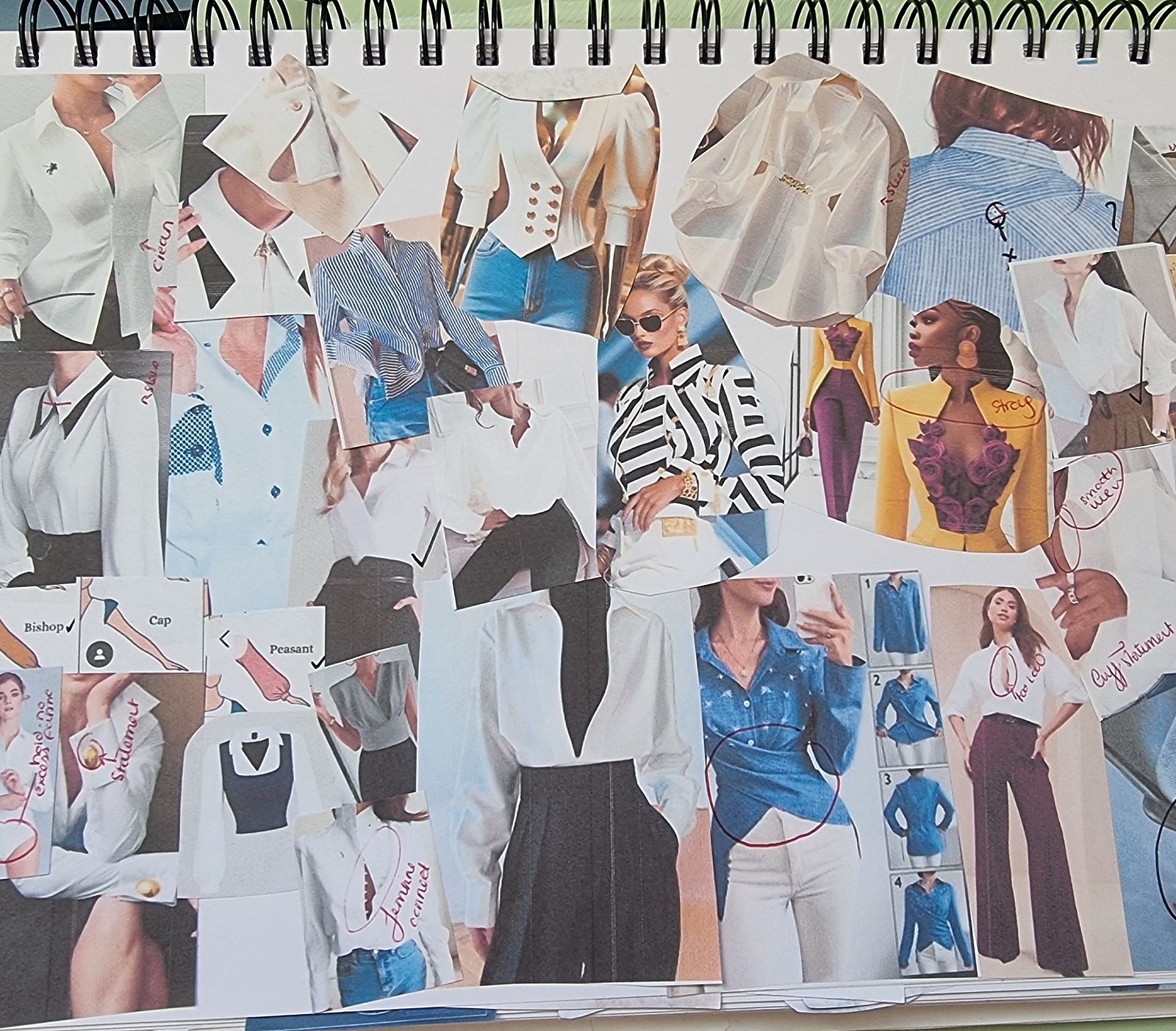 Gabi's sketchbook: cut-out shirt references with handwritten notes